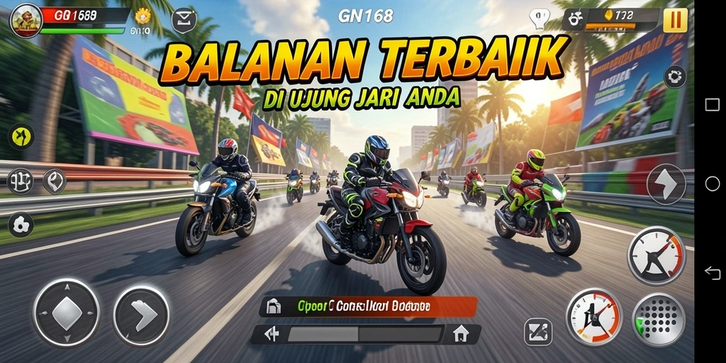 Screenshot gameplay GN168 menampilkan aksi balapan motor yang cepat dan mendebarkan.