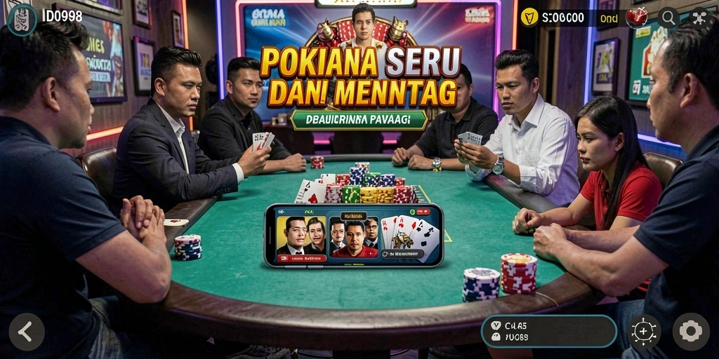 Screenshot ID098 menunjukkan pengguna sedang bermain poker online dengan teman.