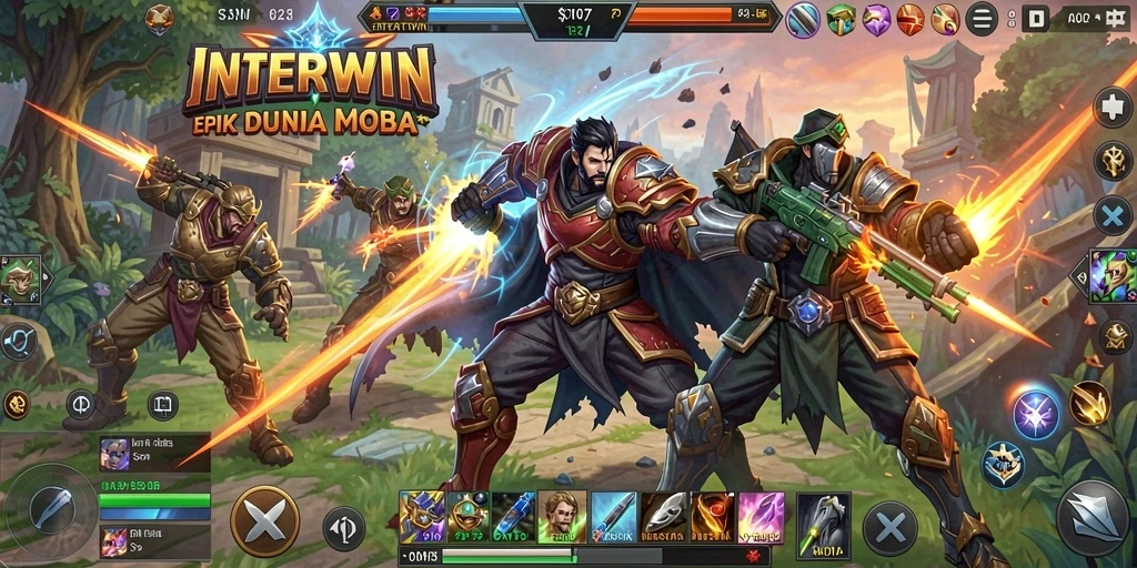 Tampilan seru saat bermain game MOBA INTERWIN dengan tim.