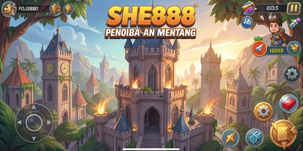 Gameplay dinamis dan menegangkan dalam SHE888 saat mempertahankan menara dari serangan musuh.